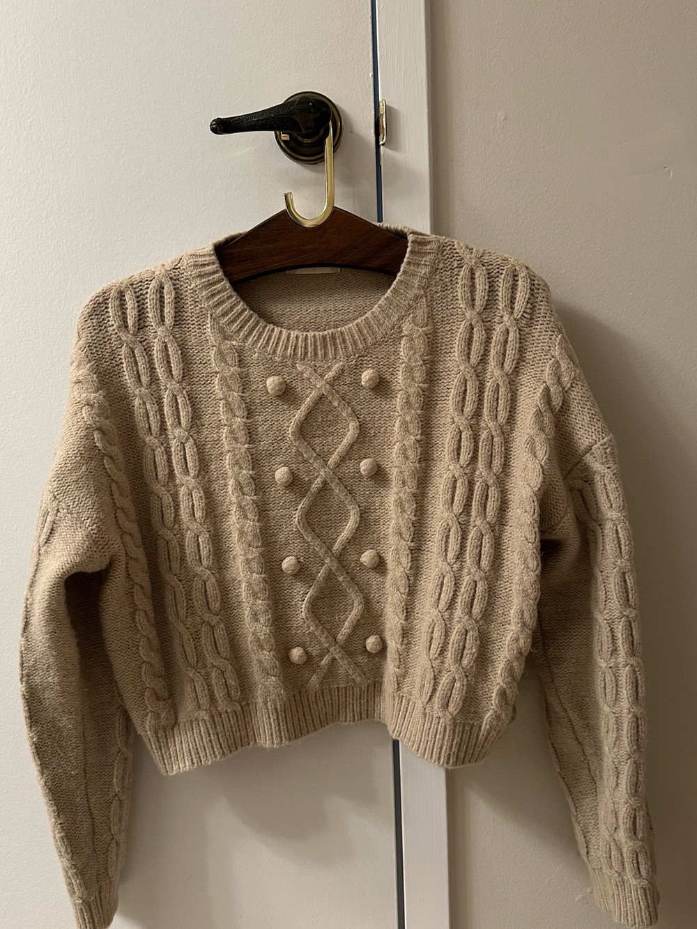 Altar'd State Beige Cable-Knit Pom Crew Sweater